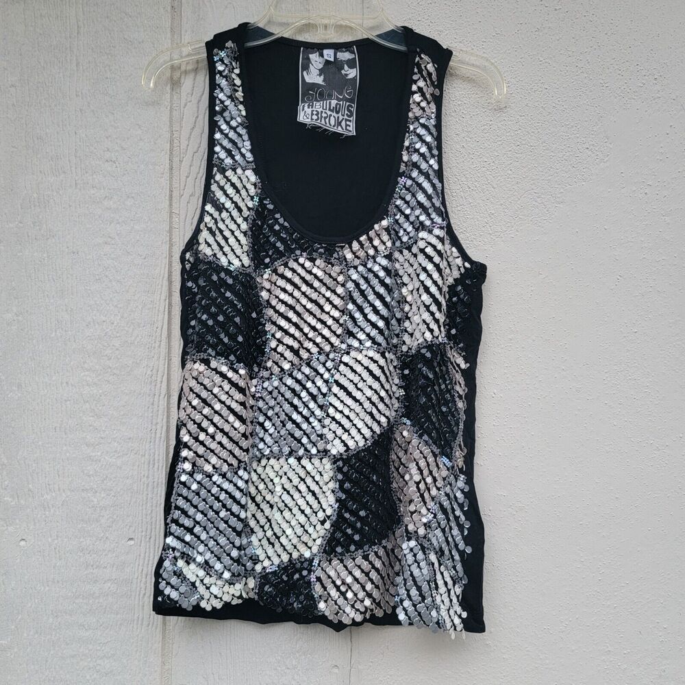 young fabulous and broke blk/white/gray silk sequined tank wmns sz S - Picture 1 of 4